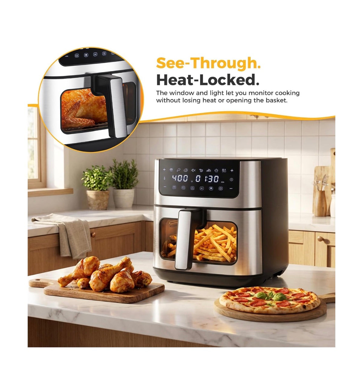 NEWBULIG Air Fryer 6.34 Qt. Air fryer with Visible Window 400 Degrees Fahrenheit Fast Heating Stainless Steel Air Fryers Oven with Nonstick and Dishwasher Safe Basket 8-in-1 Cooking Preset with Timer Auto-Off (Jet Black) (New in Box)
