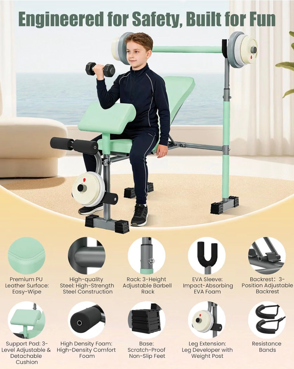 Heypappy Kids Workout Equipment - adjustable kids workout  bench with preacher pad & leg developer, fillable weight plates for home gym fitness  & exercise