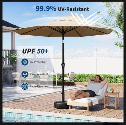 Garvee 10 Ft. Khaki Tan Outdoor Patio Umbrella Waterproof Market Parasol with Smooth Crank Lift, Push Button Tilt, 8 Sturdy Ribs, UV Protection-Ideal for Garden, Pool, Deck, or Yard (New in Box)