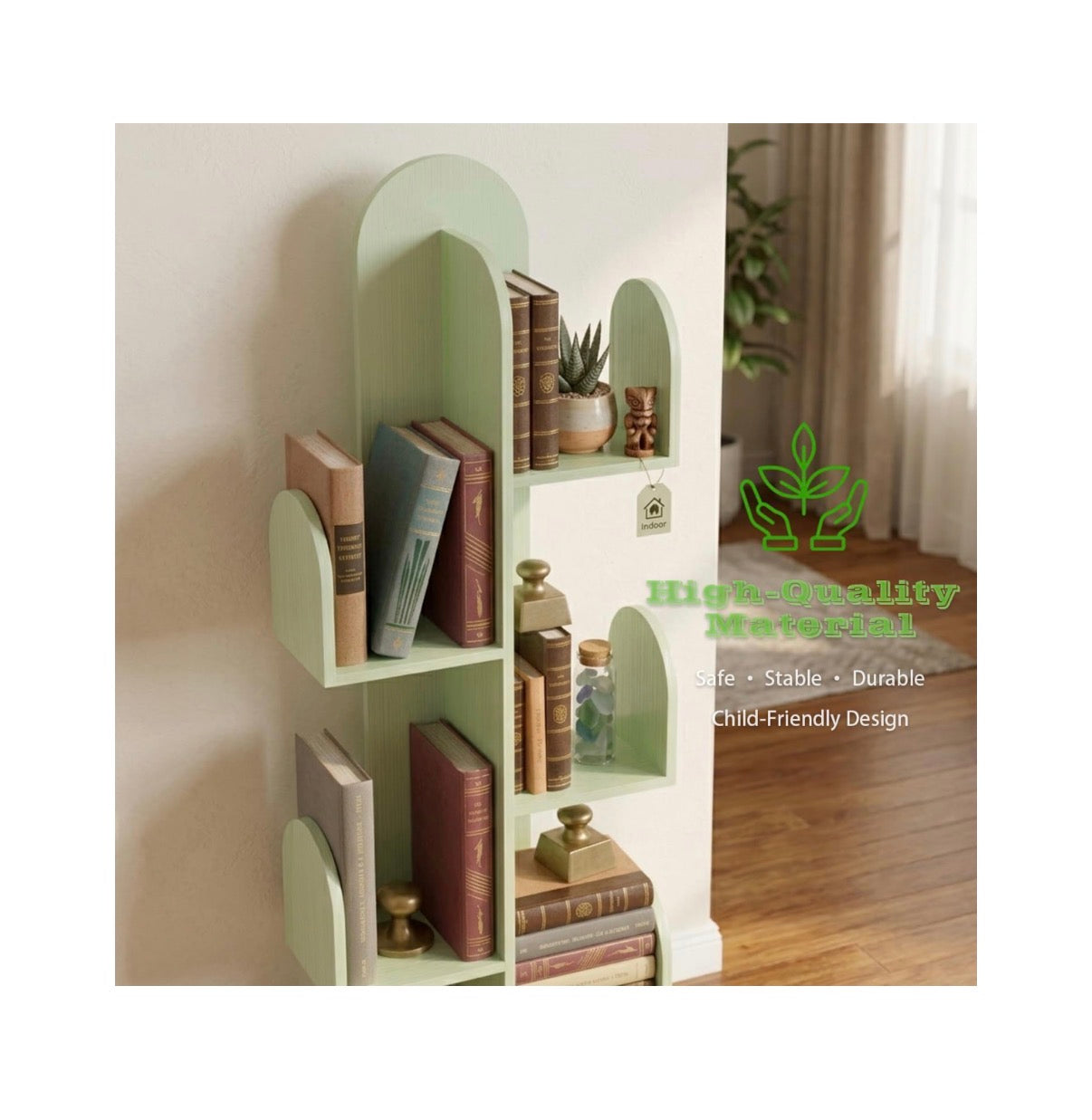 Cactus Tree Bookshelf, 5 Tier Wood 50 Inch Tall Storage Rack for CDs, Movies, Books, Small Space Saving Organizer Shelves for Living Room, Bedroom, Home, Office (Mist Green) (New in Box)