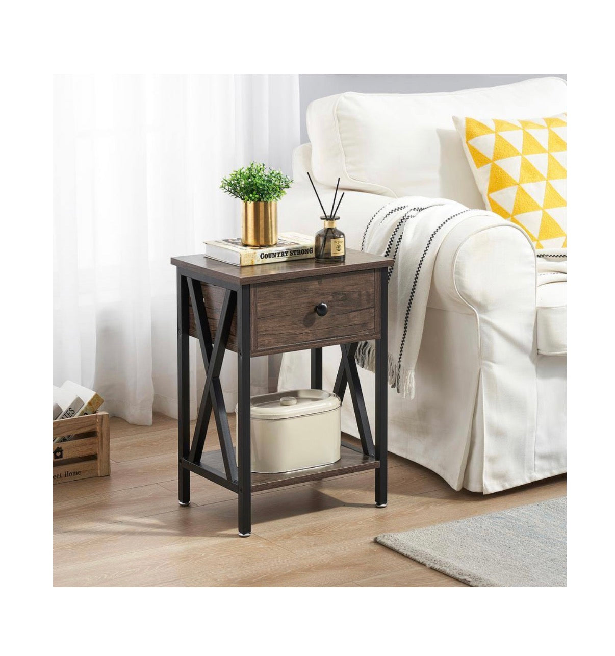 1 Bin Drawer Nightstands X Design Side End Table Nightstand 21.7 Inch Height, 11.8 Inch Width, 15.8 Inch Length (Gray) (New in Box)