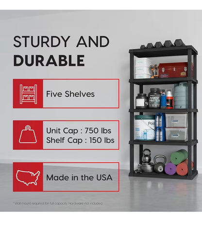 IRIS 5 Shelf Heavy Duty Plastic Storage Shelves, 750lbs Capacity, 73 Inches High X 36 Inches Wide X 18 Inches Deep, Large Modular Shelving Unit Storage Organizer for Garage, Home, Warehouse & Gym, Storage Rack (Black) (New in Box)