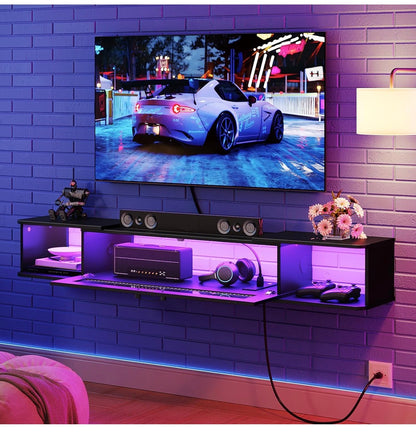 Floating Tv Stand with LED Light Power Outlet for TVs Up to 65 Inch Wall mounted TV Shelf, Modern Media Console Entertainment Center Under TV, for Living Room Bedroom (Black) (New in Box)