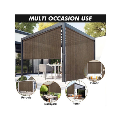 Outdoor Roller Shade 9ft width X 8ft Height, Mocha Exterior Cordless Patio Shades Roll Up Blinds with Spliced Pole Design, One Piece Fabric