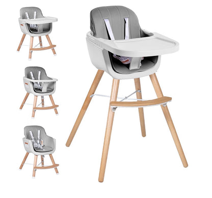 High Chair for Babies and Toddlers, 3-in-1 Convertible Wooden Highchair, Baby High Chair with Adjustable Legs, 5 Point Harness, Footrest, Dishwasher-Safe Tray & PU Leather Cushion (Gray) (New in Box)