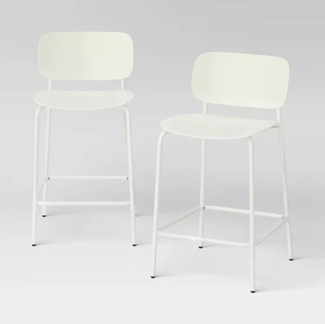 (New) Set of 2, 24" Molded Plastic with Metal Base Counter Height Barstools White - Room Essentials