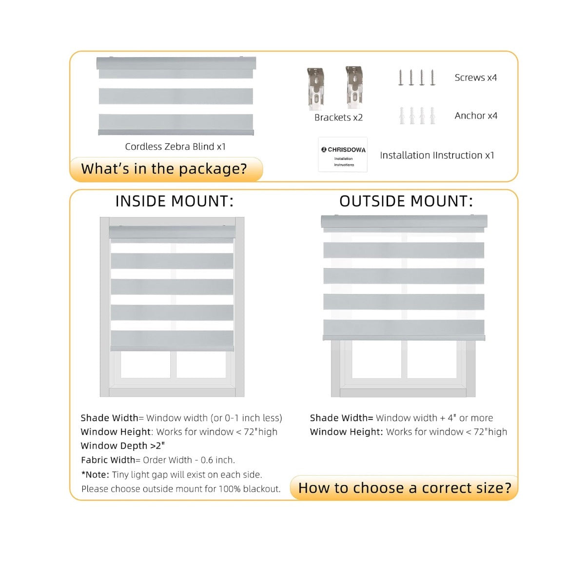 33 Inch Width X 72 Inch Height Dual Layer, Light Control for Day and Night, Free-Stop, Pull Down Blinds for Indoor Windows & Home (Light Gray) (New in Box)