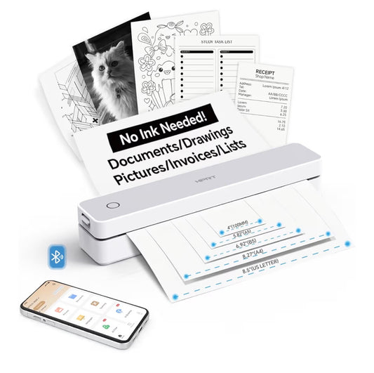 Portable Thermal Printer Inkless Printer, Supports Regular Paper & Labels, Multi-User Bluetooth & Auto Paper Feed, Compatable with IOS and Android or Laptop for Home/School/Travel