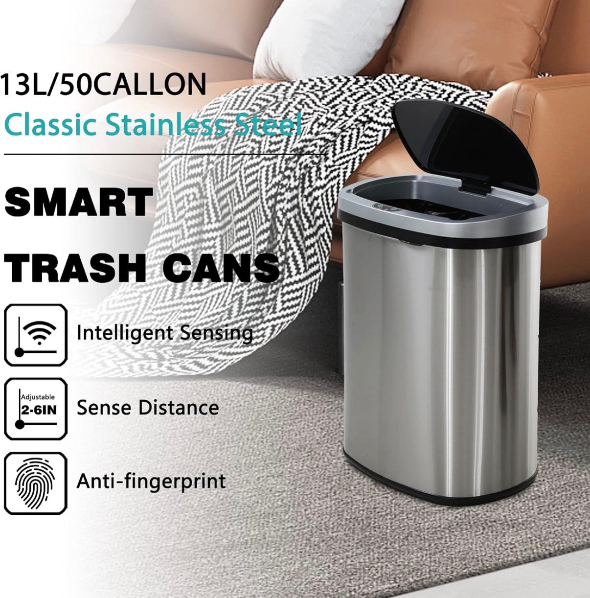 13gallon/ 50 liter Stainless Steel Touchless Trask Can