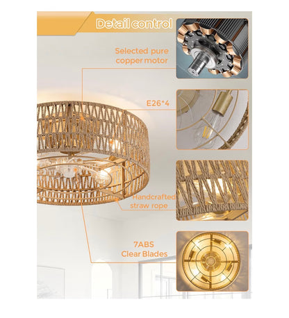 Boho Caged Flush Mount Ceiling Fan with Lights and Remote Control Hand Woven Rattan Chandelier with 6 Speeds Reversible and Timer Enclosed Design for Living Room, Bedroom, or Dining Room (New in Box) (Gold)