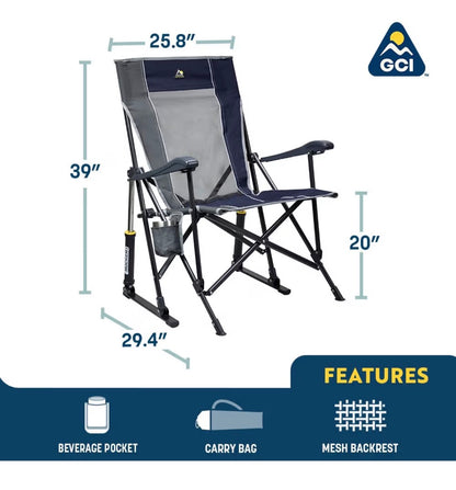 GCI Outdoor Roadtrip Rocker Camping Chair, Portable, Folding Rocking Chair with Solid, Durable Armrests, Drink Holder & Comfortable Extended Backrest (Indigo Blue) (New in Box)