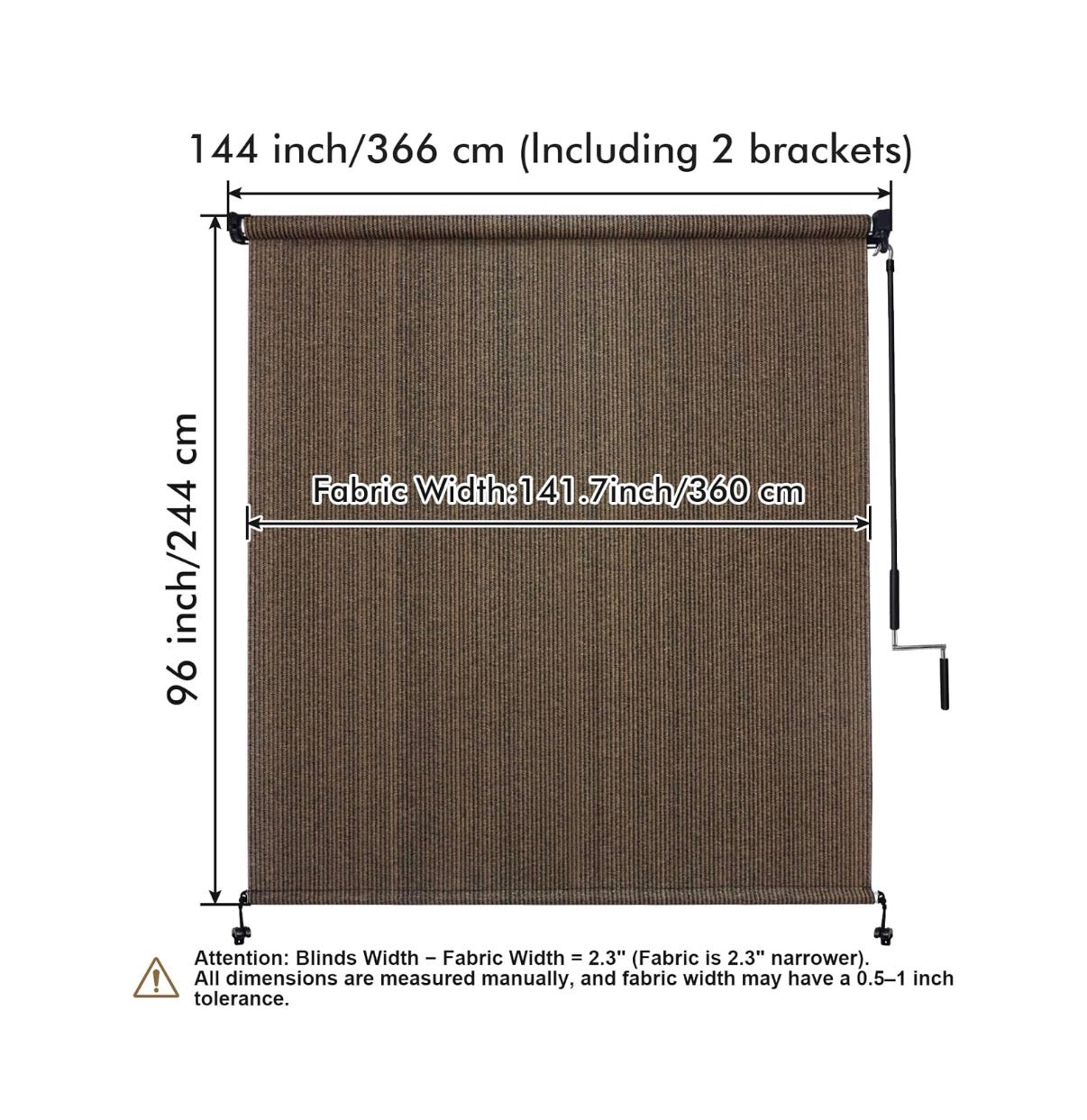 Outdoor Roller Shade 9ft width X 8ft Height, Mocha Exterior Cordless Patio Shades Roll Up Blinds with Spliced Pole Design, One Piece Fabric