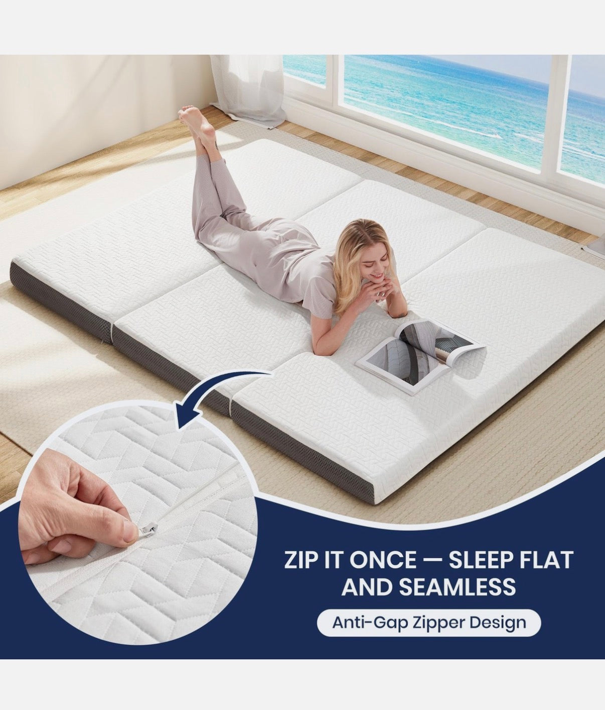 Hanherry 4 Inch Foldable Mattress Tri-Folding Portable Memory Foam Queen Size (New in Box)