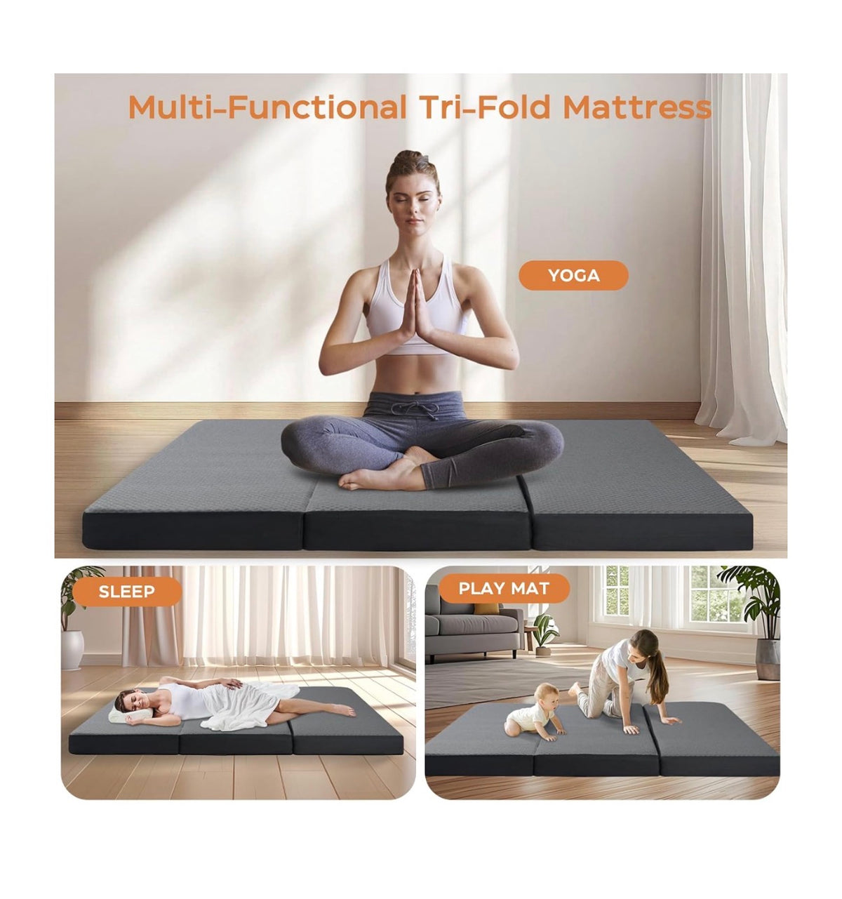 Tri Folding Mattress Full Size 73 Inch X 52 Inch X 4 Inch Memory Foam Tri-Fold Handle & Non-Slip Bottom, Portable Foldable Sofa Bed Floor Chair for Travel, RV Camping, Guest, Yoga 4 Inch Mat (New in Box)