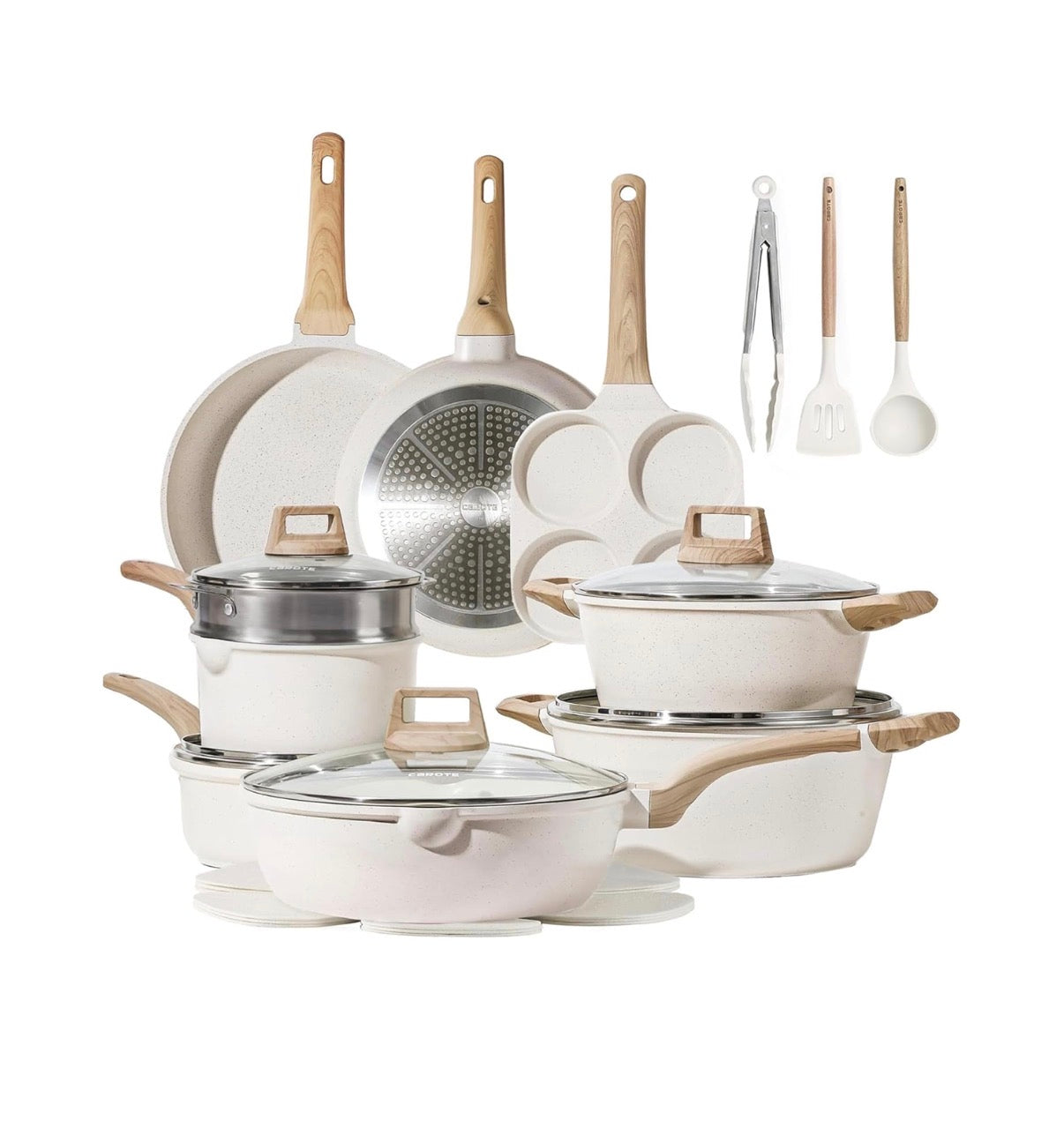 Carote 21 Piece Pots and Pan Set, Nonstick Cookware Sets, Induction Cookware Kitchen Set Nonstick Cooking Set with Frying Pans & Saucepans (Cream White) (New in Box)