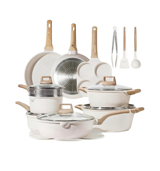 Carote 21 Piece Pots and Pan Set, Nonstick Cookware Sets, Induction Cookware Kitchen Set Nonstick Cooking Set with Frying Pans & Saucepans (Cream White) (New in Box)