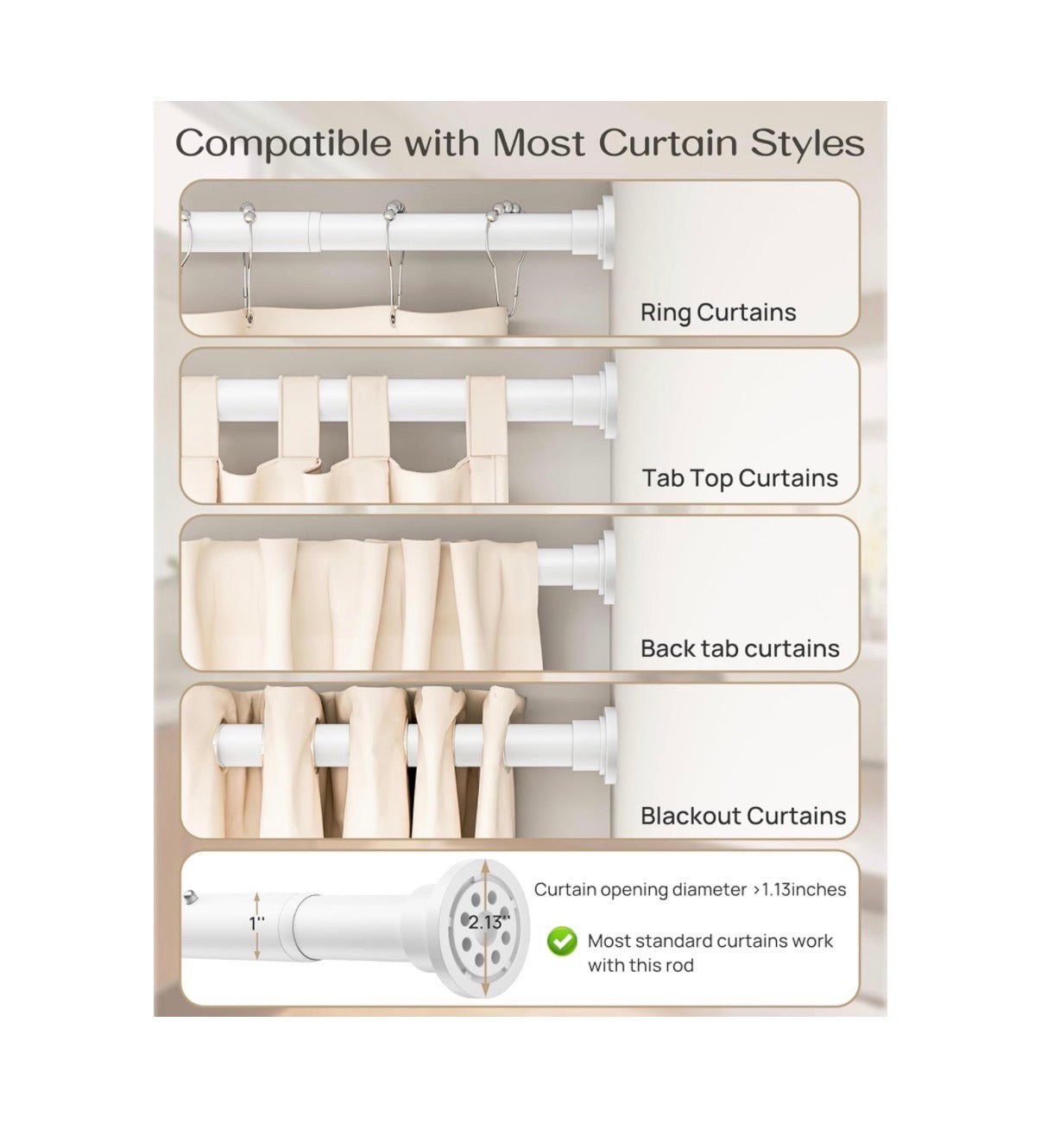 Heavy Duty Tension Curtain Rod 42 Inch to 76 Inch Anti-Slip Spring Loaded Curtain Rods No Drilling, Apartment Renter Friendly Tension Rod for Windows, Bathroom, Closet & Door (White) (New in Box)