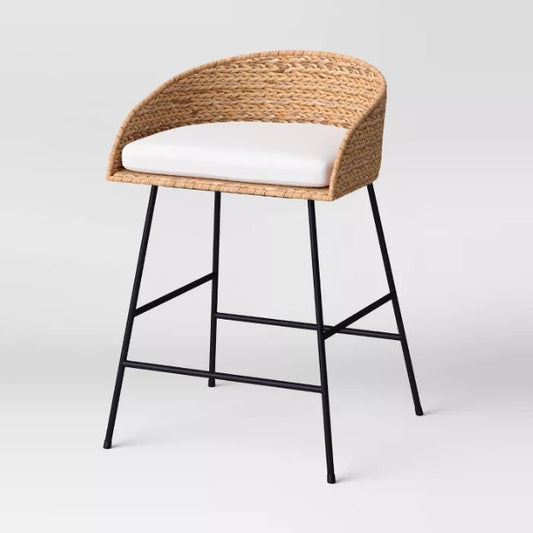 (New) Landis Wicker Backed Counter Height Barstool with Cushion and Footrest White/Black
