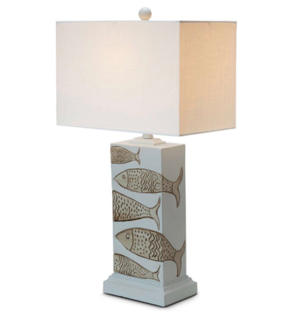 Pompano 28 Inch Height Table Lamp in Hand Painted Fish Print Poly & Linen Set of Two (New in Box)