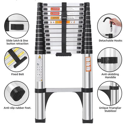 16.5 ft Telescoping Ladder, Lightweight Extension Ladder with 2 Triangle Stabilizers & 2 Hooks, Dual Locking Mechanism Design Collapsible Telescopic Ladder for Home, Outdoor, RVs (New in Box)