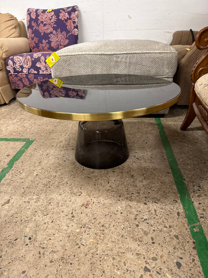 Glamorous Orbicular Coal Tempered Glass Single Side Table with Plinth Base