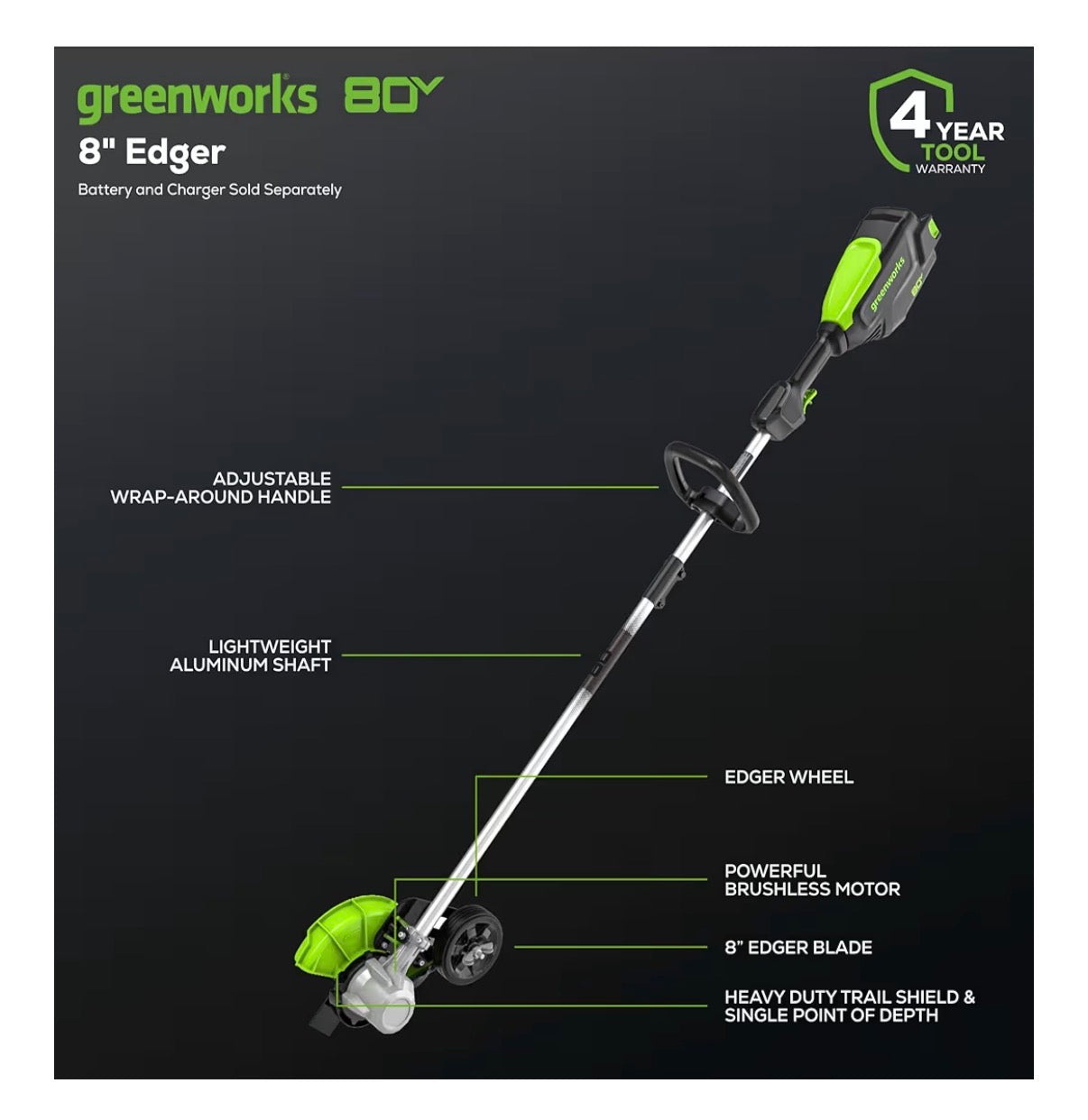 Greenworks 80V All Terrain Brushless Edger, 8 Inch Steel Blade, 2.25 Inch Pro Depth & Tool Free Adjust, 27cc Gas Power Equivalent, Battery and Charger Not Included (New in Box)