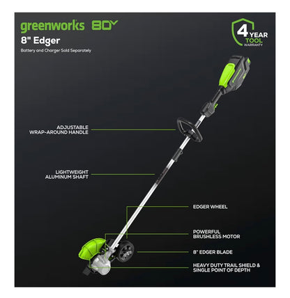 Greenworks 80V All Terrain Brushless Edger, 8 Inch Steel Blade, 2.25 Inch Pro Depth & Tool Free Adjust, 27cc Gas Power Equivalent, Battery and Charger Not Included (New in Box)