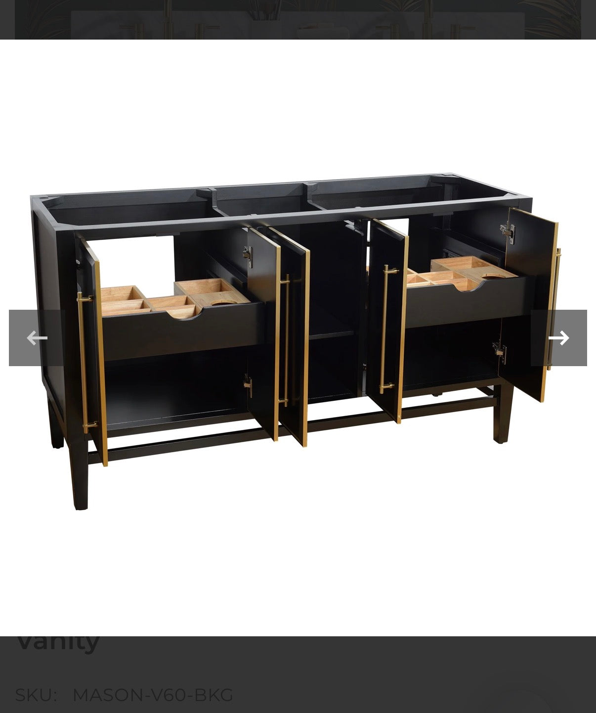 Mason 60 Inch Double Sink Bathroom Vanity Black with Gold Trim (Cabinet Only) (New in Box)