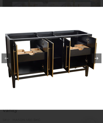 Mason 60 Inch Double Sink Bathroom Vanity Black with Gold Trim (Cabinet Only) (New in Box)