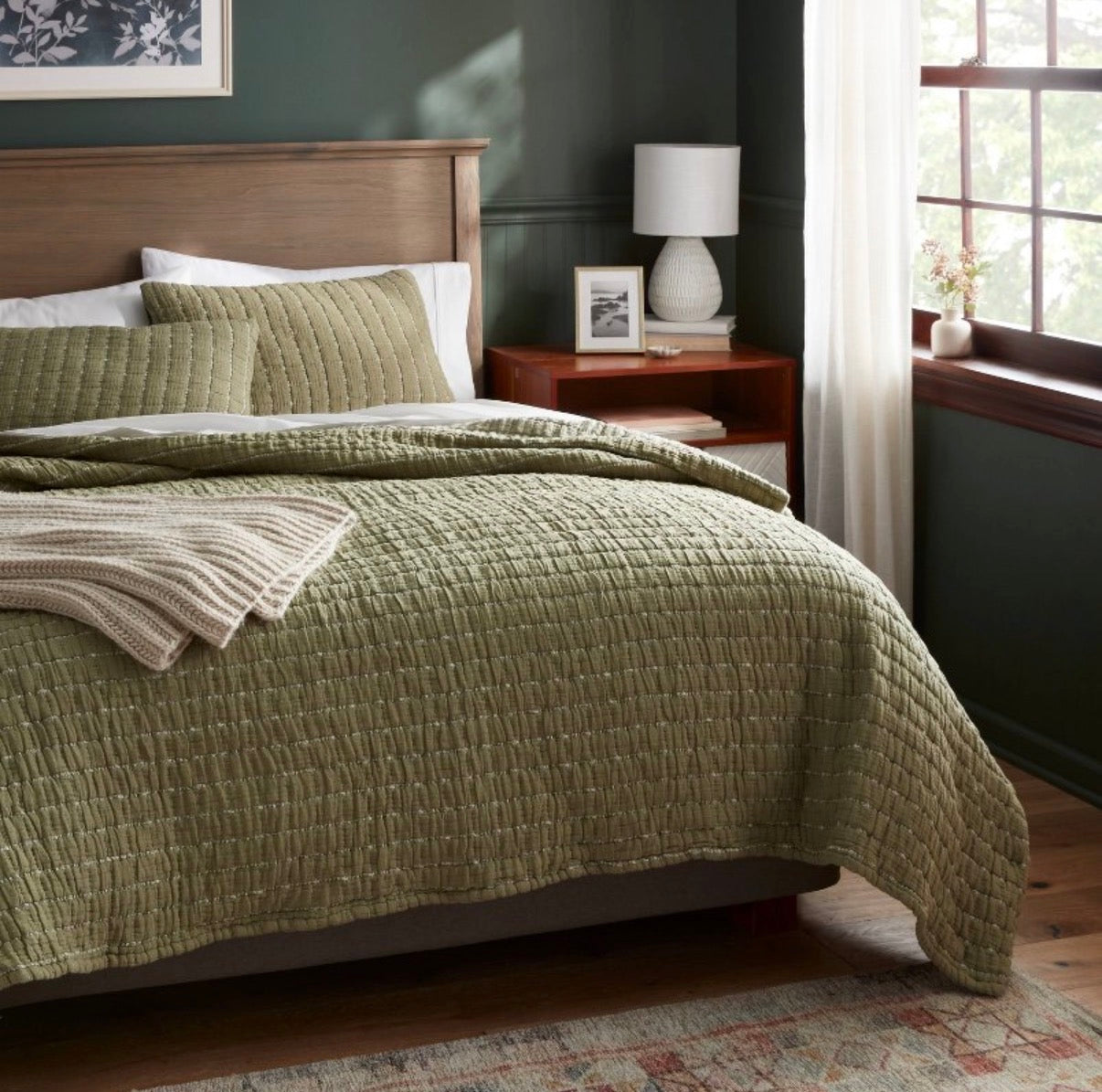 Full/Queen Yarn Dye Crinkle Grid Quilt Moss Green Threshold Weave, Machine Washable