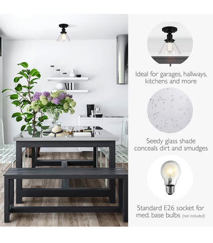 Design House Augustin Ceiling Light, 1 Light, Semi-Flush, Seeded Glass Glow, Dimmable, E26 Socket, Durable Metal Frame (Black) (New in Box)