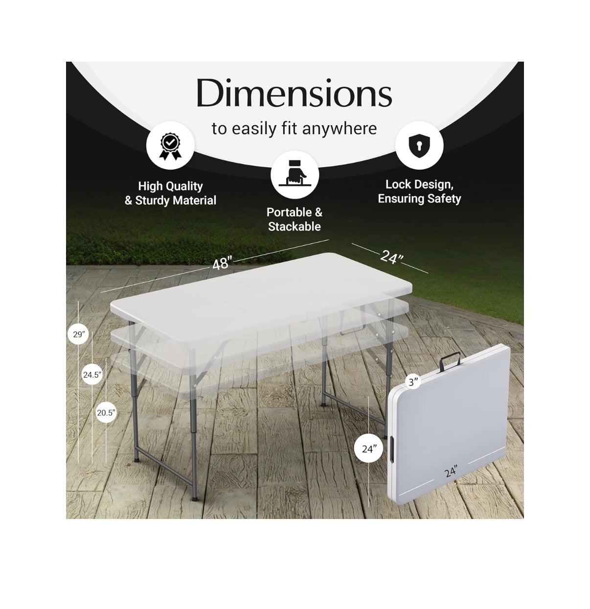 4ft. Foldable Table Adjustable Height with Built in Handle, Steel Legs, Perfect for Party, Dining, Wedding Events, Picnic Indoor/Outdoor (White) (New in Box)