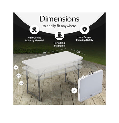 4ft. Foldable Table Adjustable Height with Built in Handle, Steel Legs, Perfect for Party, Dining, Wedding Events, Picnic Indoor/Outdoor (White) (New in Box)