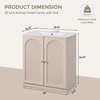 30 Inch Arched Bathroom Vanity with Sink, Modern Fluted Design