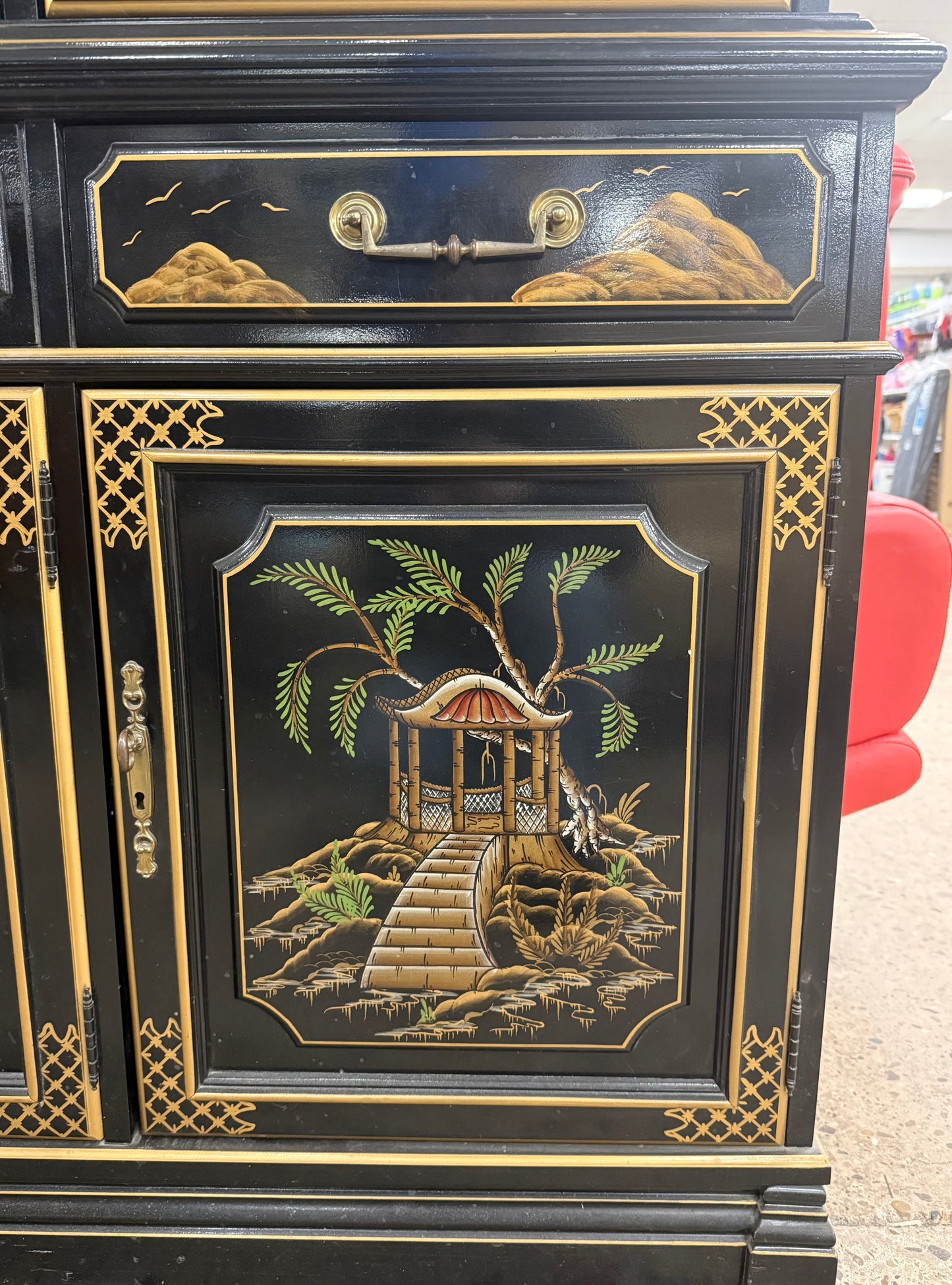 Jasper Cabinet Company Vintage Black Lacquer Chinoiserie China Cabinet