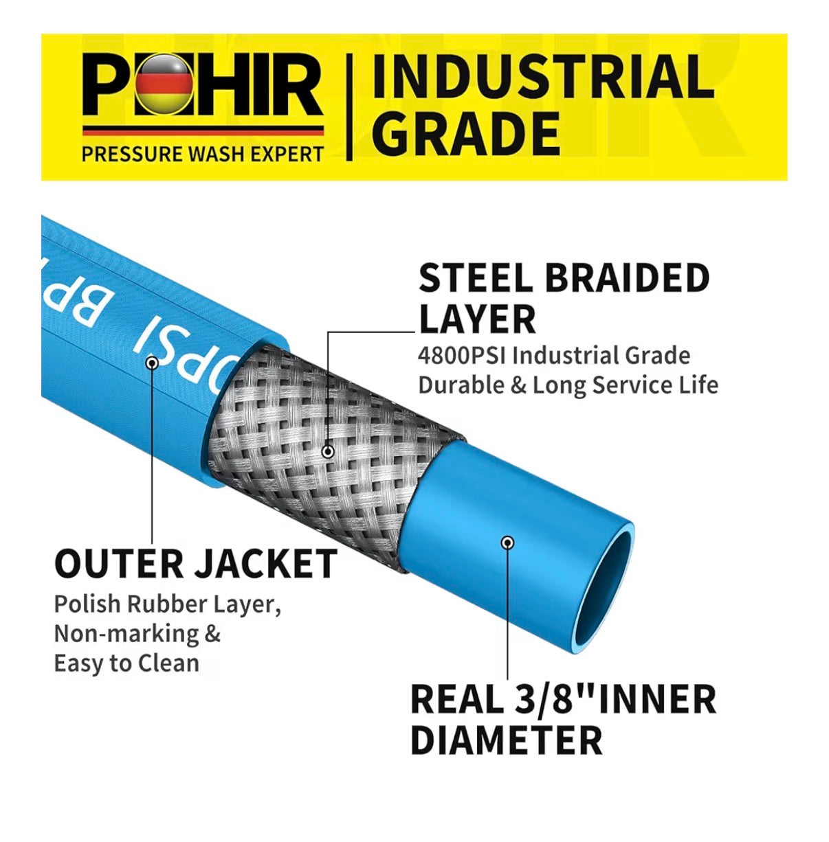 100 Ft Pressure Washer Hose 3/8 Inch 4800 PSI, Kink Resistant Industrial Grade Hose with Quick Connect Ends and Adapters for Hot & Cold Water Steel Wire Braided Hose for Power Washing