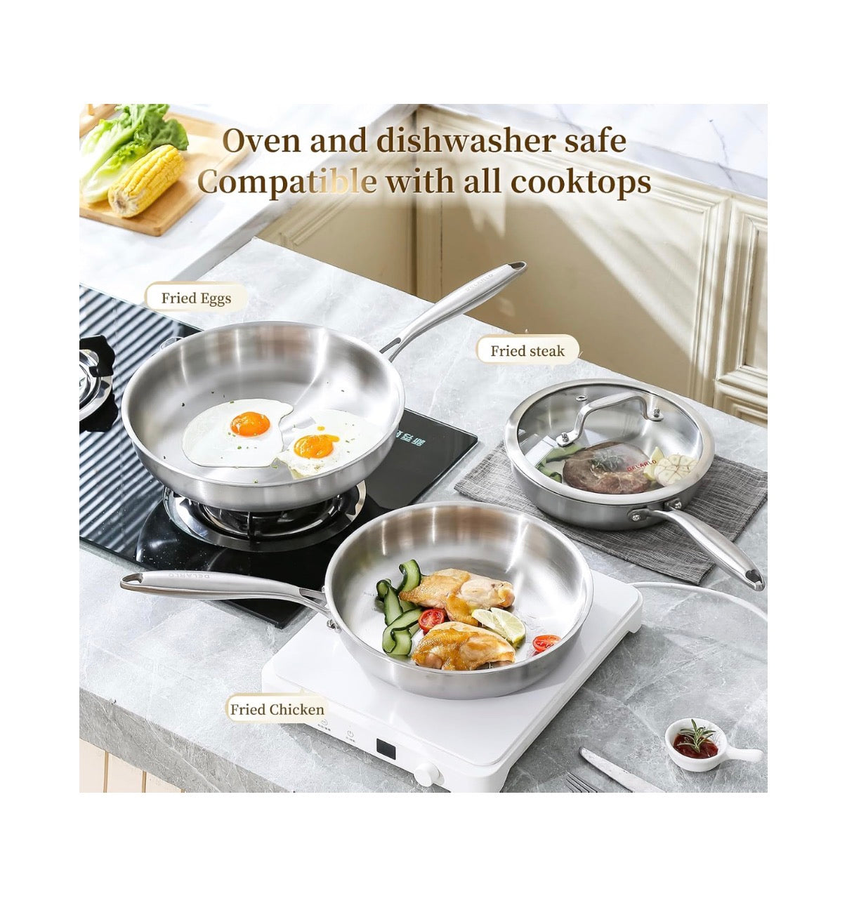 Delario Tri-Ply Stainless Steel Pan, 18/10, 8 Inch, 10 Inch, 12 Inch Nontoxic Durable Oven Safe 800 Degrees Fahrenheit All Cooktops Compatible Fast Even Heat PFOA Free Large Frying Pan Nontoxic Cookware (Stainless Steel) (New in Box)