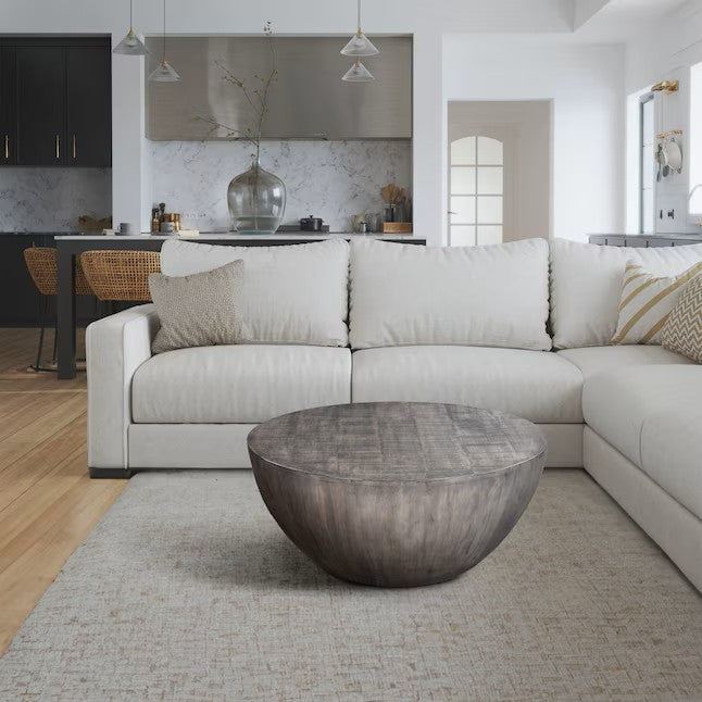 (New) 36 Inch Round Coffee Table, Handcrafted Drum Shape, Mango Wood with Olive Gray Finish