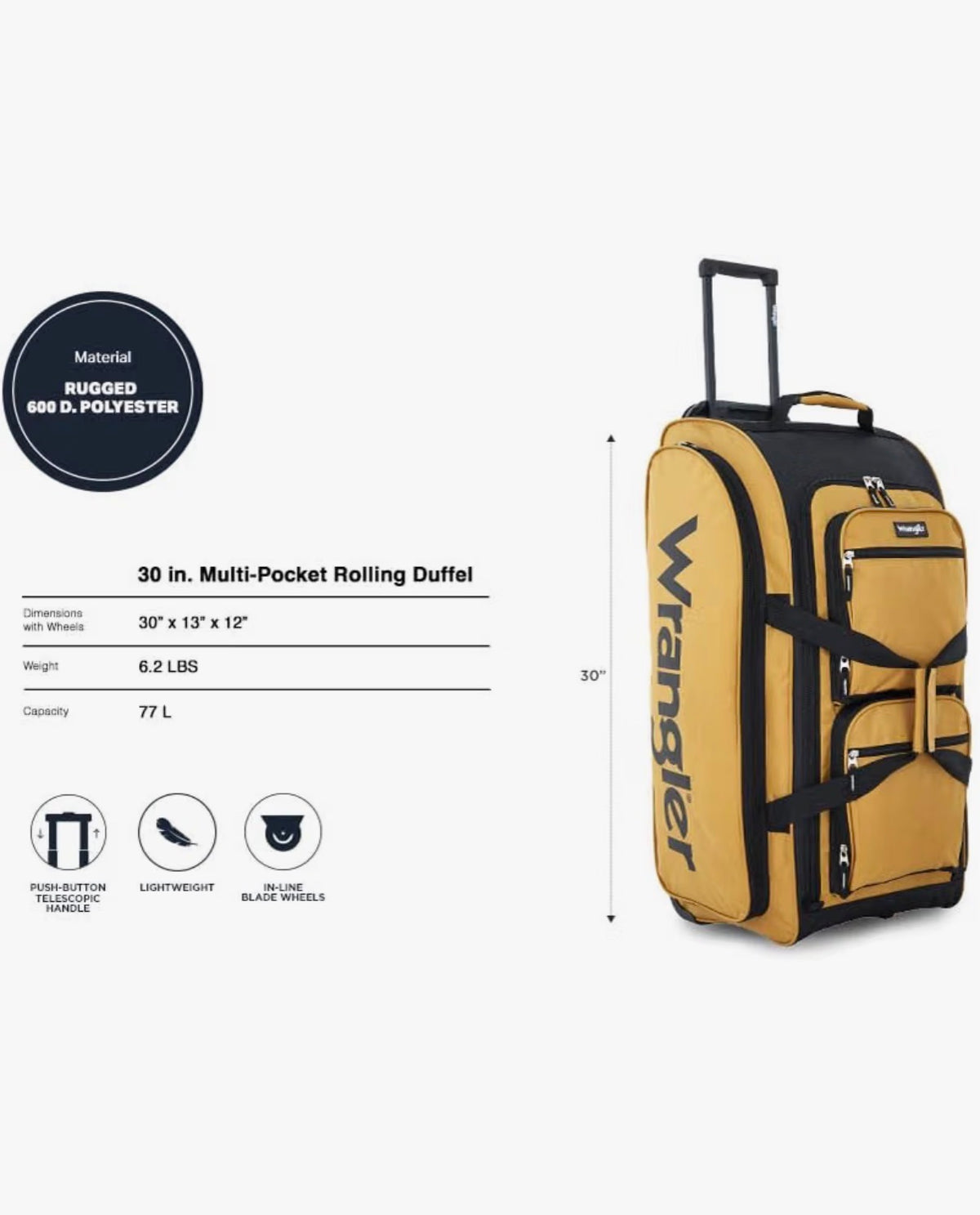 Wrangler Wesley Rolling Duffel Bag, Large 30 Inch (Ambergold) (New in Package)