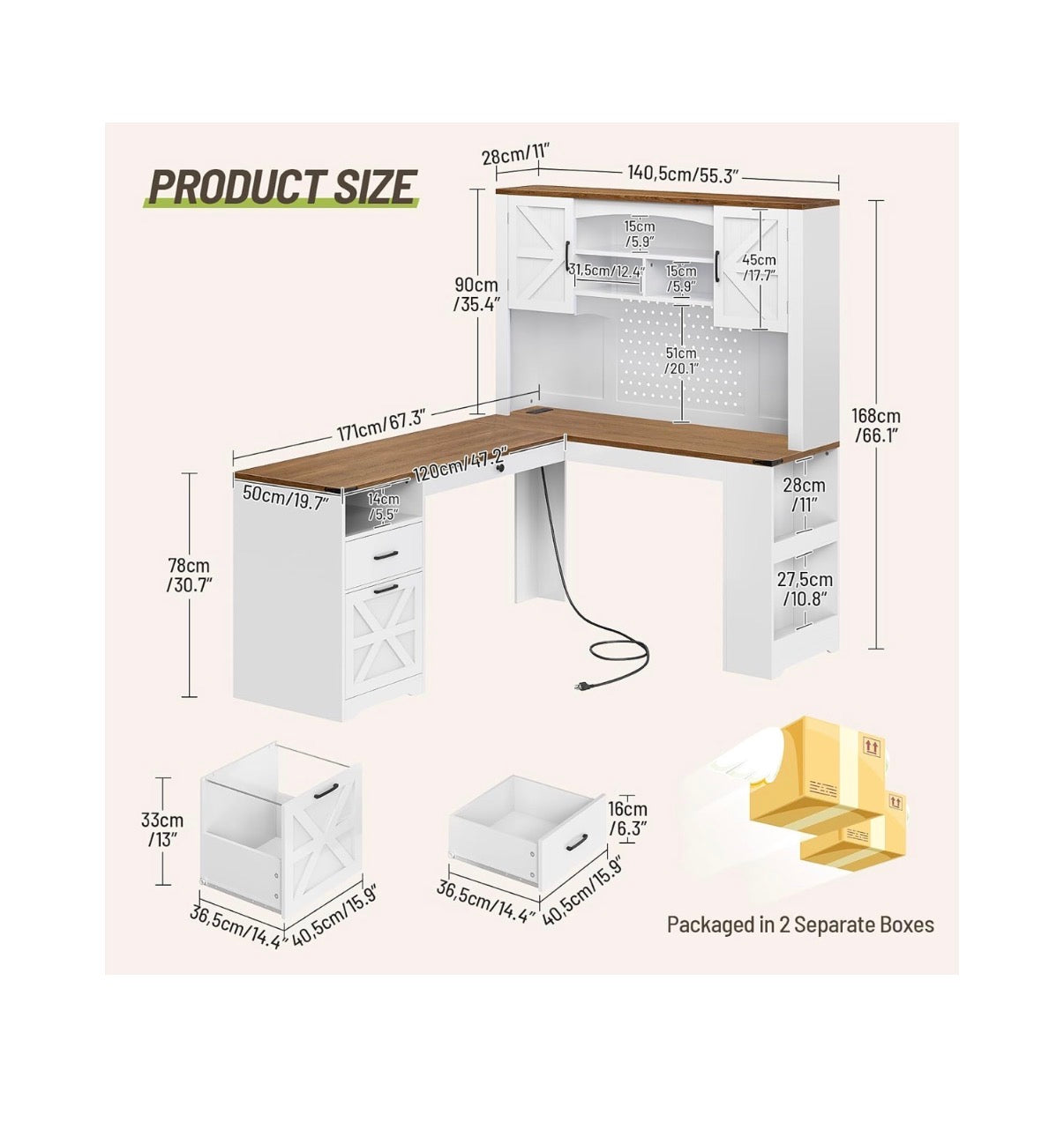 67 Inch L Shaped Executive Desk with Hutch, Farmhouse Corner Computer Desk with File Drawer, Wooden Office Desk with Storage Shelves and LED Lights for Home, Office (White/Walnut) (New in Box;2 boxes)