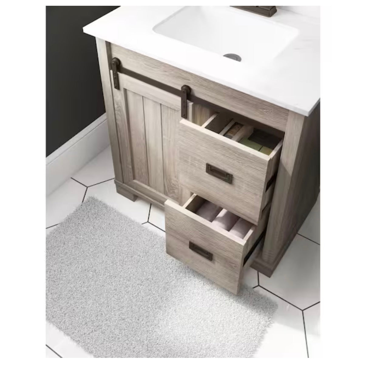 Brindley 30 Inch Single Sink Freestanding Weathered Bath Vanity with White Engineered Stone Top (Gray) (Unboxed; New)