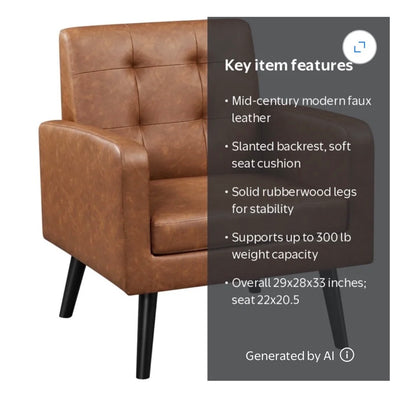 Yaheetech Modern Faux Leather Tufted Accent Chair, Retro Brown (New in Box)