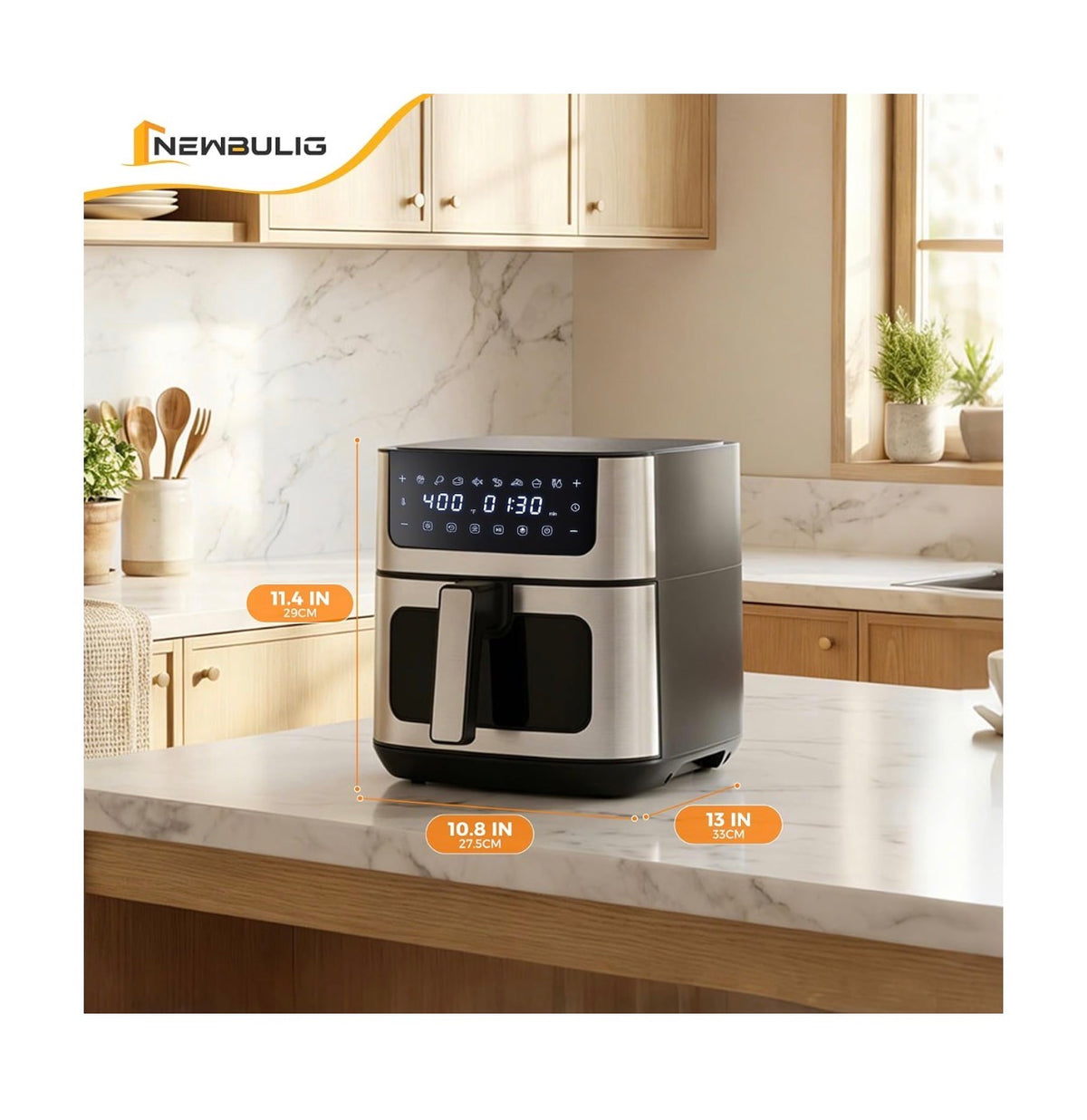NEWBULIG Air Fryer 6.34 Qt. Air fryer with Visible Window 400 Degrees Fahrenheit Fast Heating Stainless Steel Air Fryers Oven with Nonstick and Dishwasher Safe Basket 8-in-1 Cooking Preset with Timer Auto-Off (Jet Black) (New in Box)
