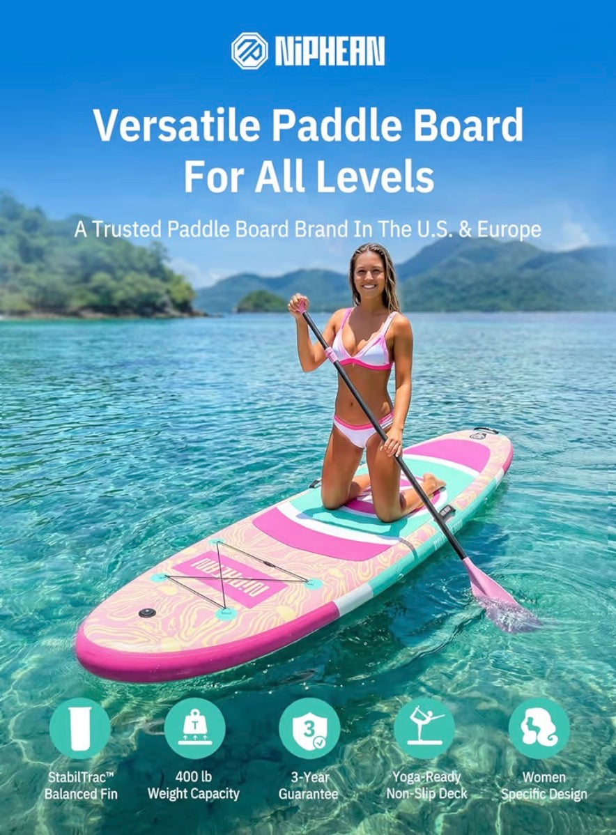 Niphean Extra Wide Paddle Board with StabilTrac Fin, Stable Inflatable Paddle Board with SUP Accessories