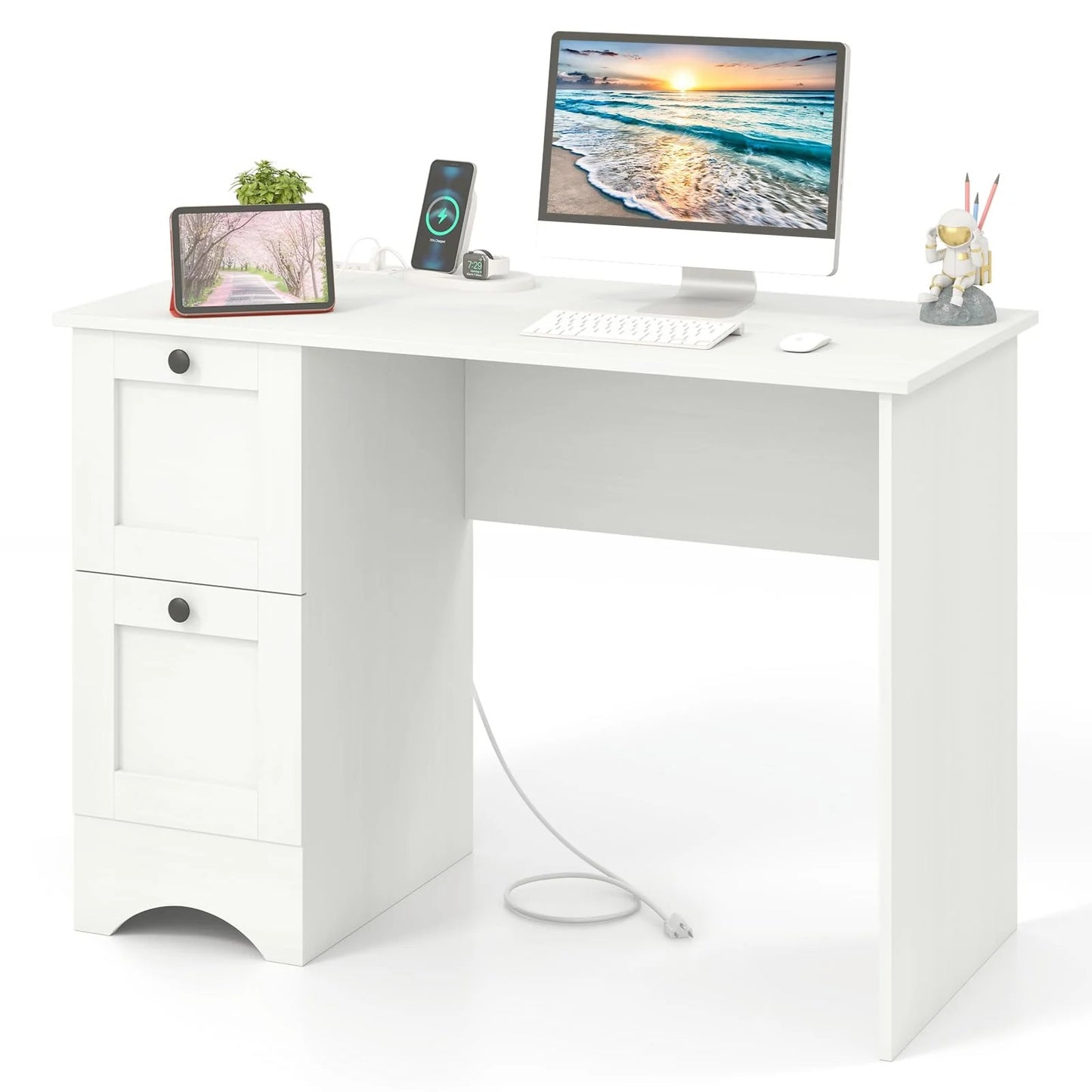 (New) Giantex White Desk with 2 Drawers, 43” Wooden Home Office Desk with Charging Station
