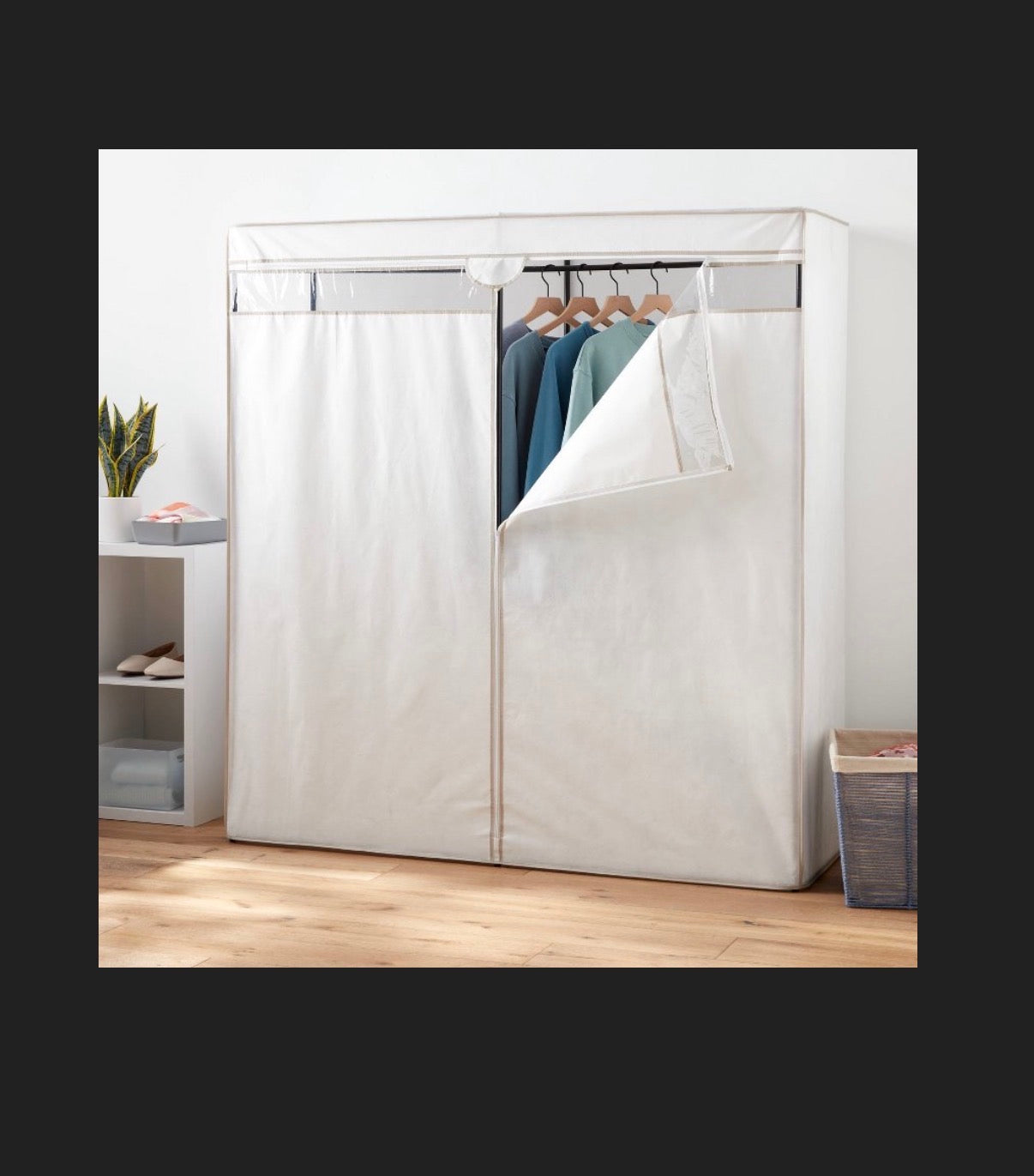60 Inch Wide Covered Storage Closet White Portable Garment Rack, Steel Frame, (Assembly Required) (New in Box)