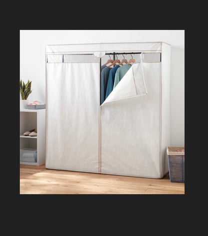 60 Inch Wide Covered Storage Closet White Portable Garment Rack, Steel Frame, (Assembly Required) (New in Box)