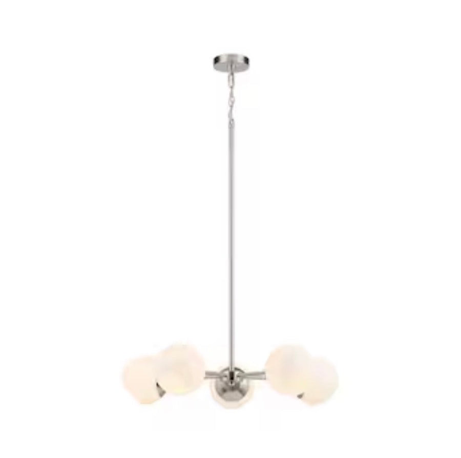 Origin 21 Cyprus 5 Light Brushed Nickel Opal Glass Steel Chandelier (New in Box)