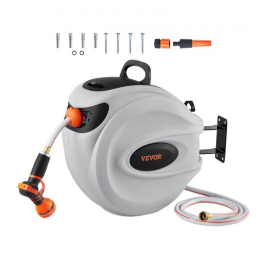 Vevor Retractable Hose Reel, 115 ft. X 1/2 Inch 180 Swivel Bracket Wall Mounted, Garden Water Hose Reel with 9 Pattern Nozzle, Automatic Rewind, Lock at Any Length, and Slow Return System