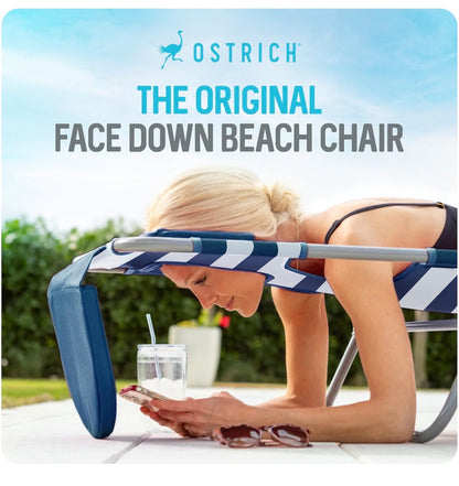 Ostrich The Heavy Duty Backpacker, Portable Beach Chair with Face Hole Adjustable Lounge Chair with Cup Holder 325lb Capacity (Blue Stripes) (New in Box)